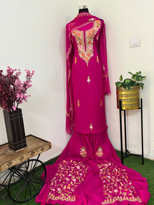 Hot Pink Muslin Cotton Jaal Sleeves Kashmiri 3pc Suit