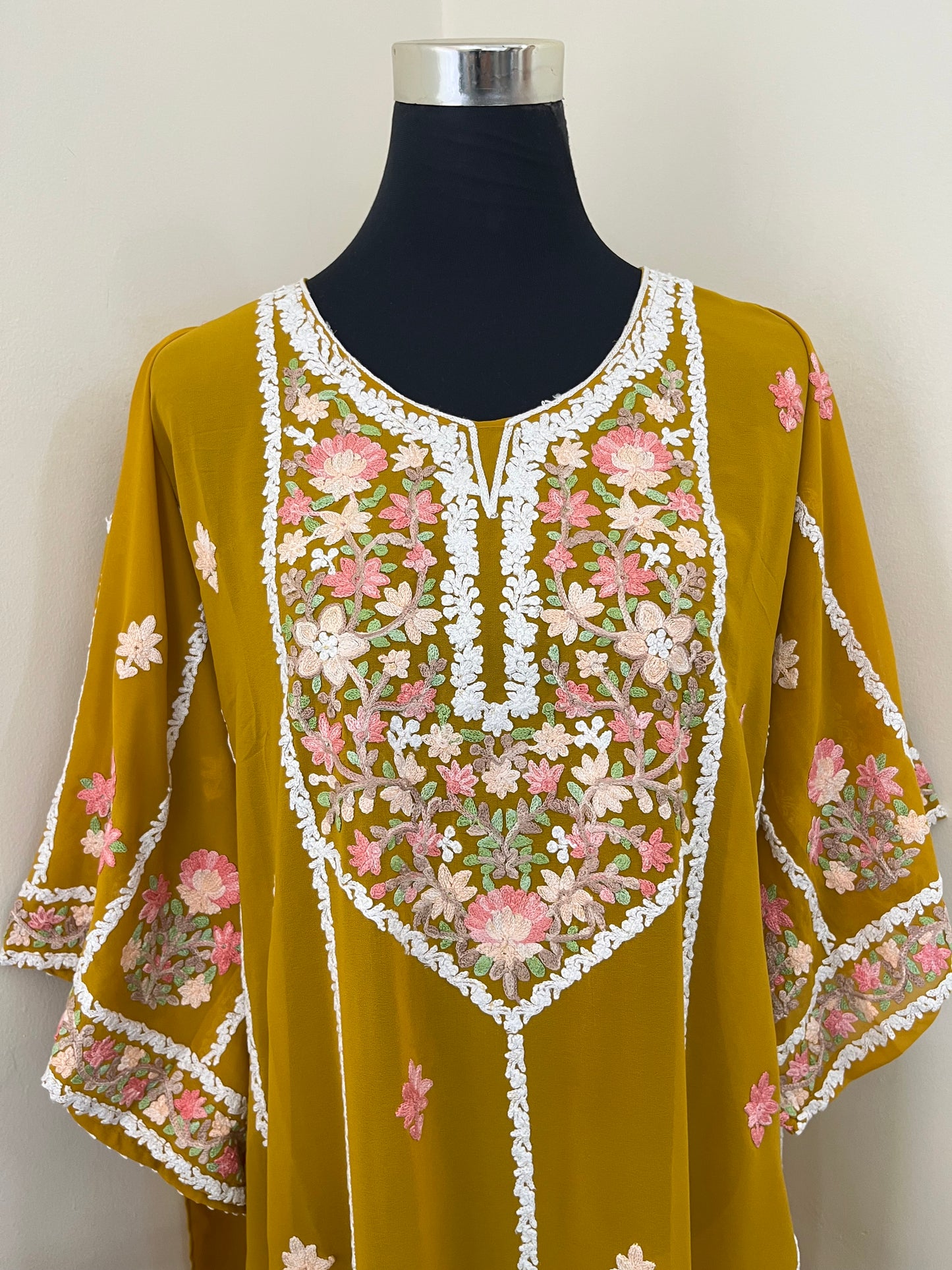 Mustard Georgette All over Work Aari Embroidered Unstitched Kurta