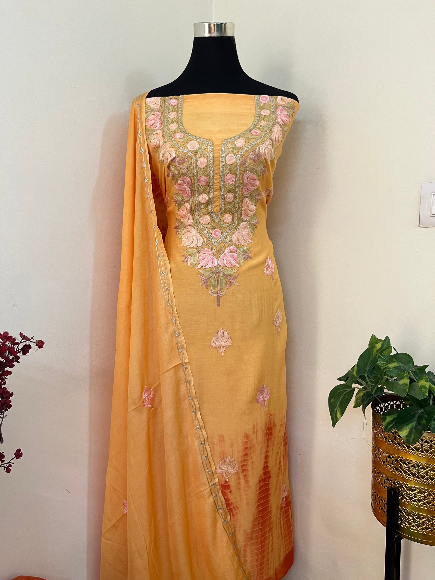 Soft Orange Mul Cotton Shibori Work Kashmiri 3pc Suit