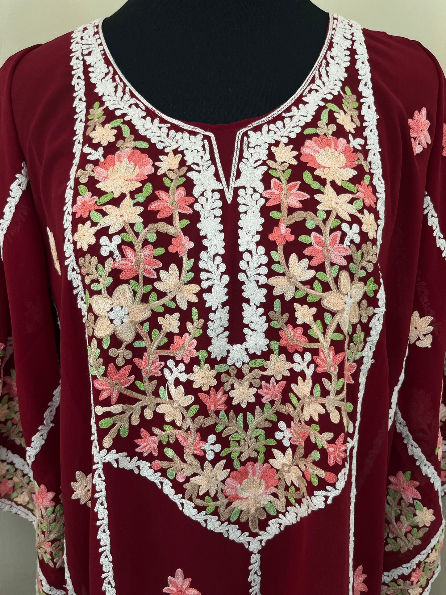 Maroon Georgette All over Work Aari Embroidered Unstitched Kurta