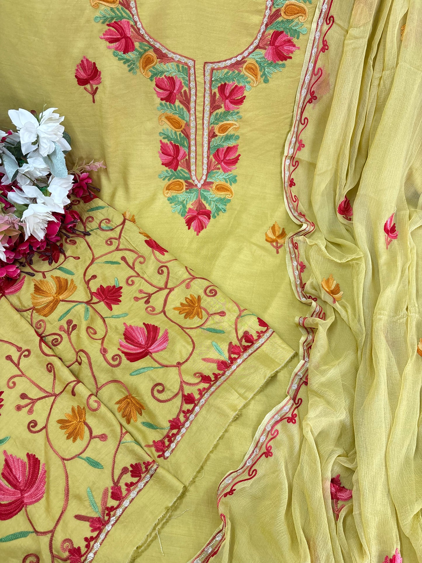 Soft Green Muslin Cotton Jaal Sleeves Kashmiri 3pc Suit
