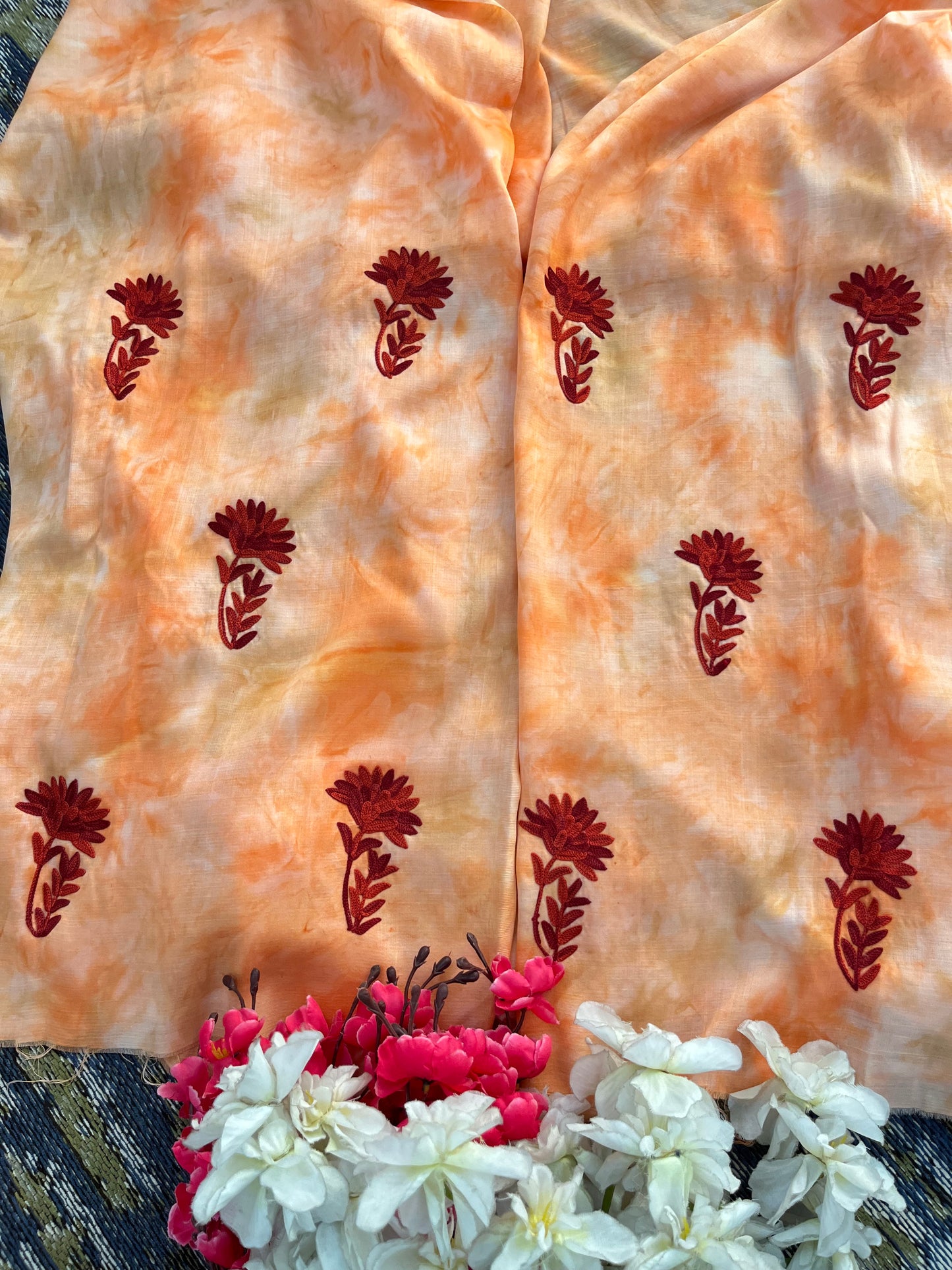 Tangerine Orange Self Work Satin Cotton Unstitched Co-ord Set
