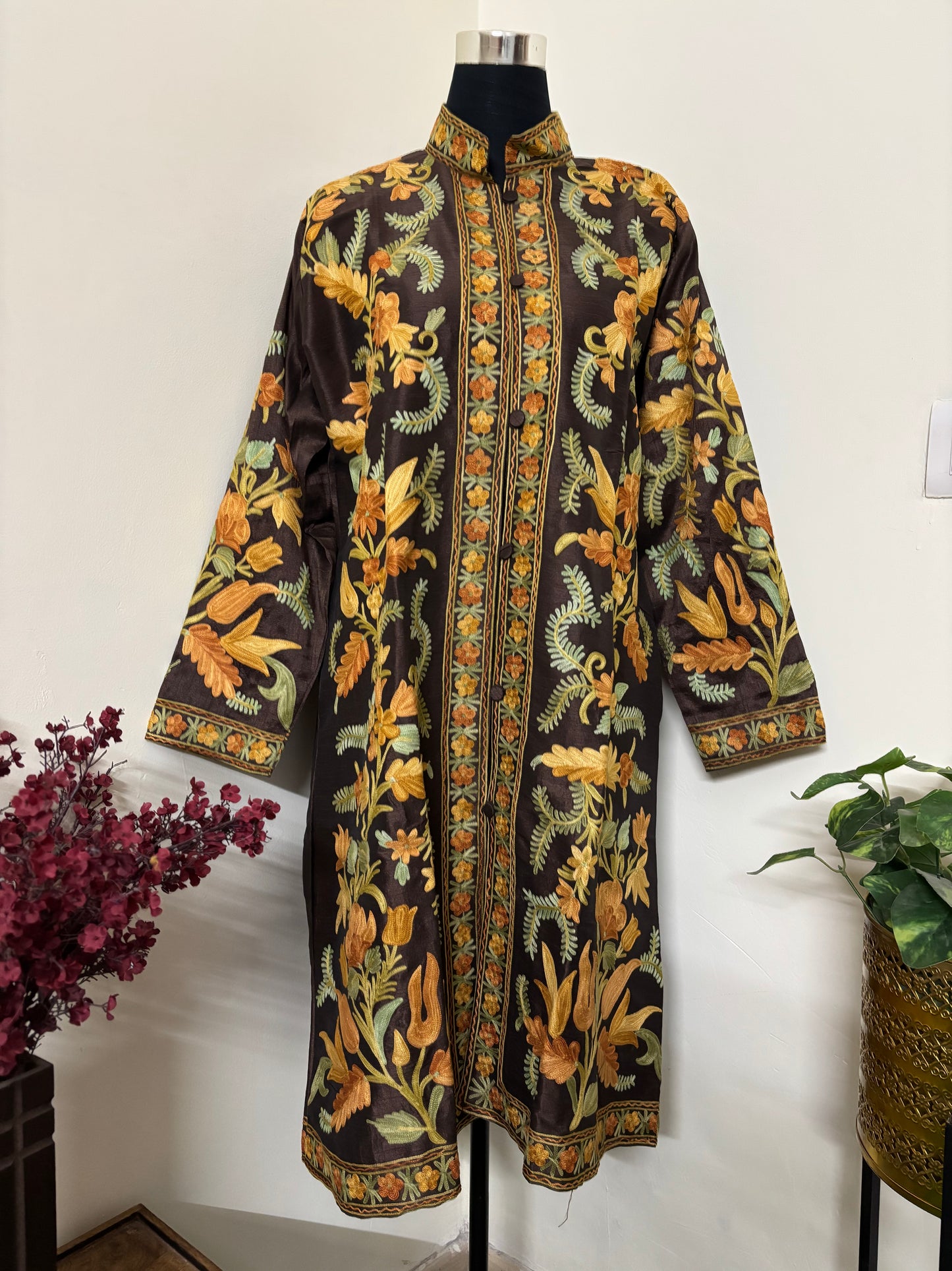 Chocolate Brown Aari Embroidered Silk Jacket XXL