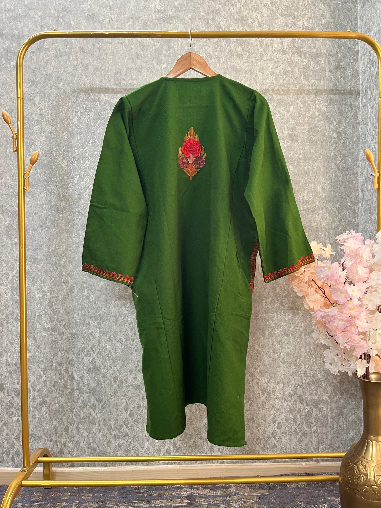 Henna Green Aari Embroidered Wool Pheran