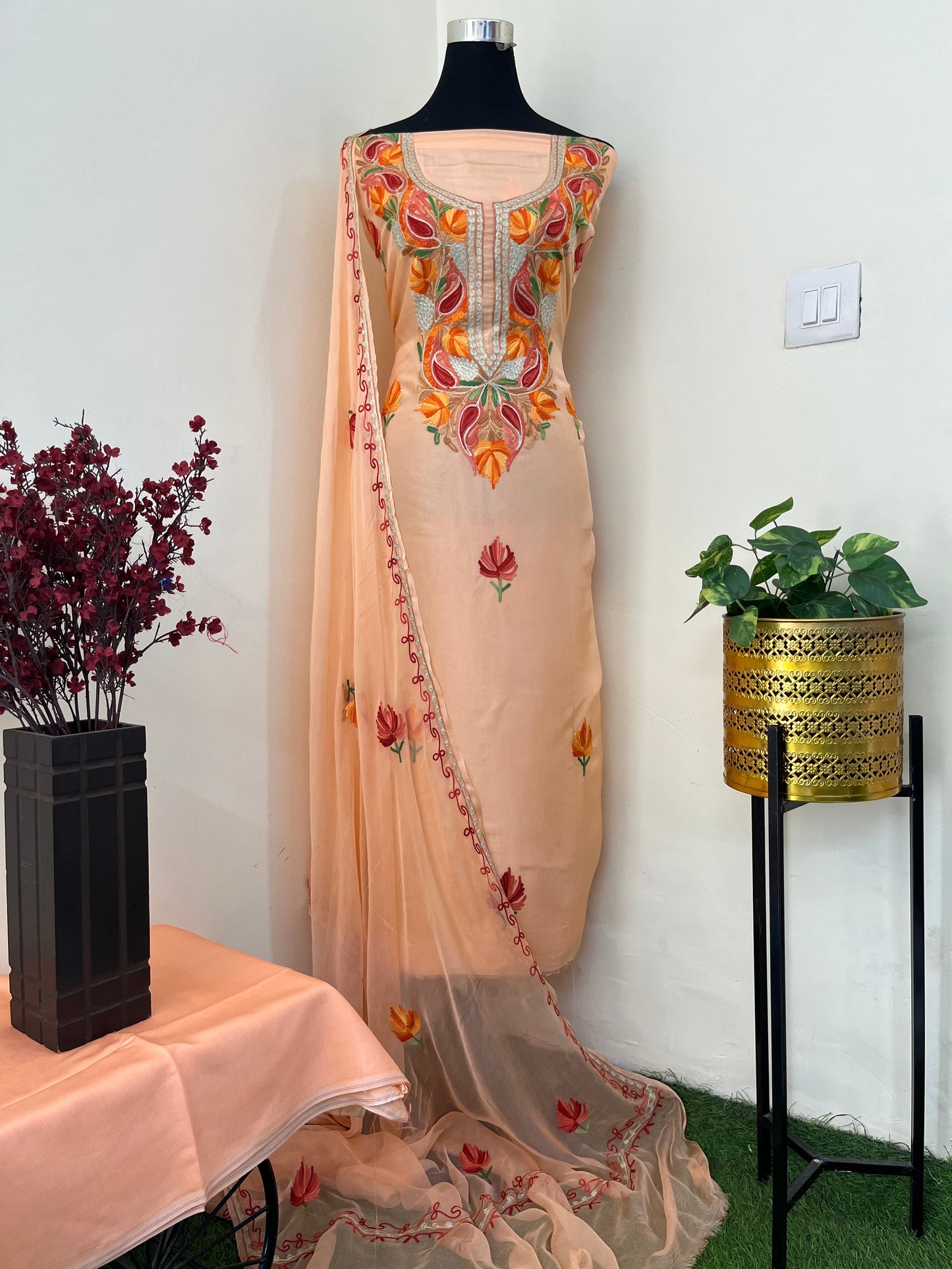 Peach Opada Silk Kashmiri Suit