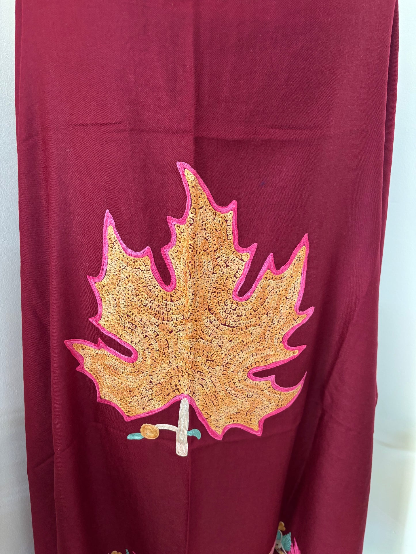 Maroon Aari Embroidered Pure Wool Cape
