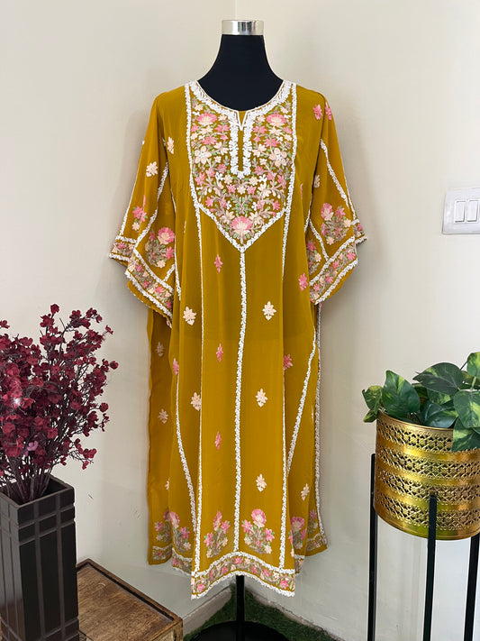 Mustard Georgette All over Work Aari Embroidered Unstitched Kurta