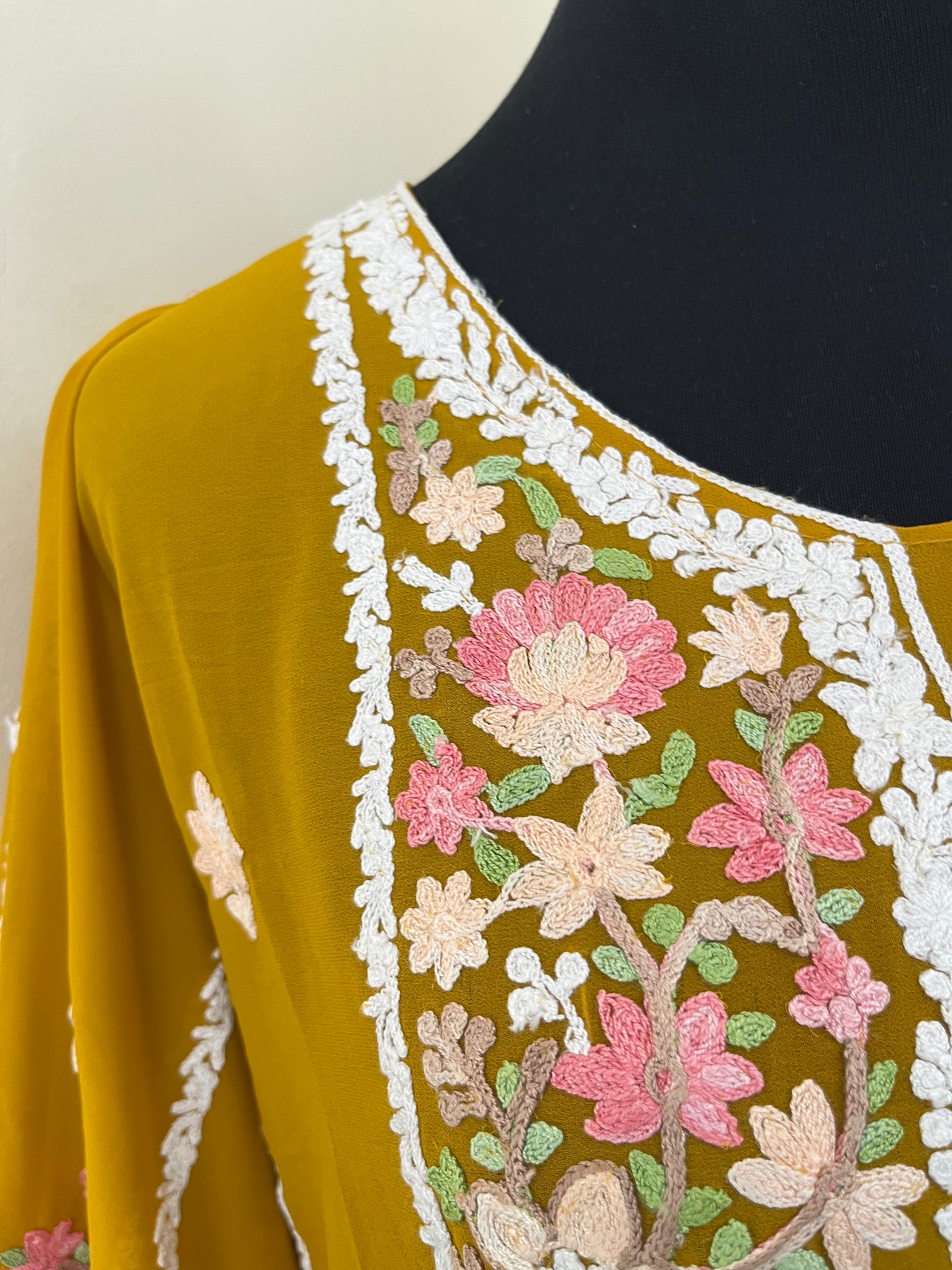 Mustard Georgette All over Work Aari Embroidered Unstitched Kurta