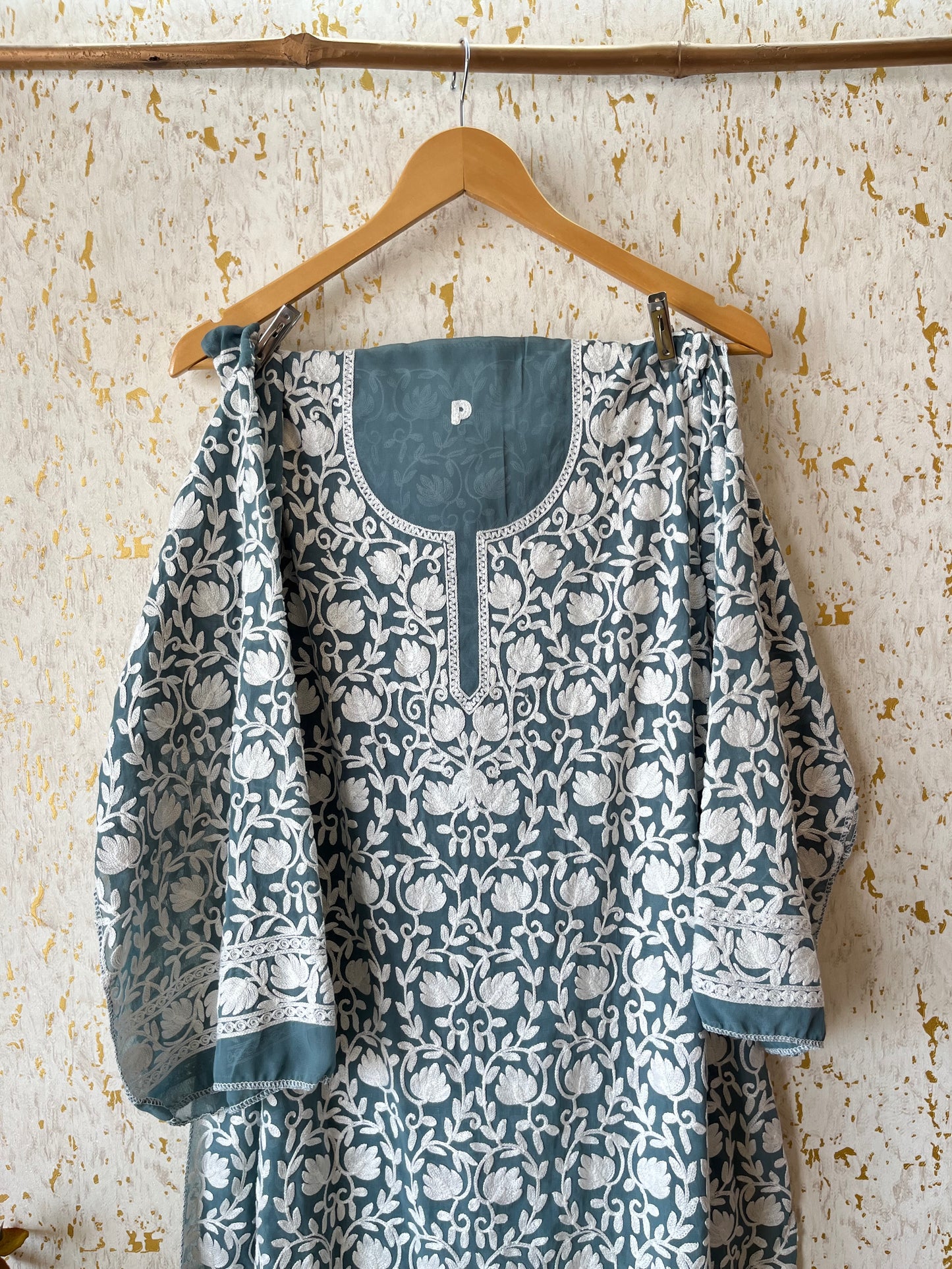 Sapphire Blue Georgette Jaal Work (Front & Back) Aari Embroidered Semi Stitched Kurta