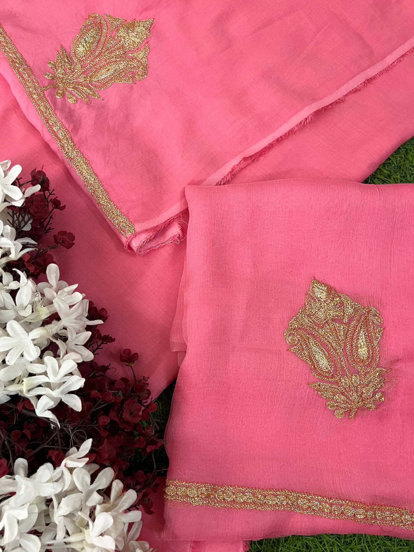 Kalaa’ Soft Pink Muslin Silk Tilla Embroidered Suit material