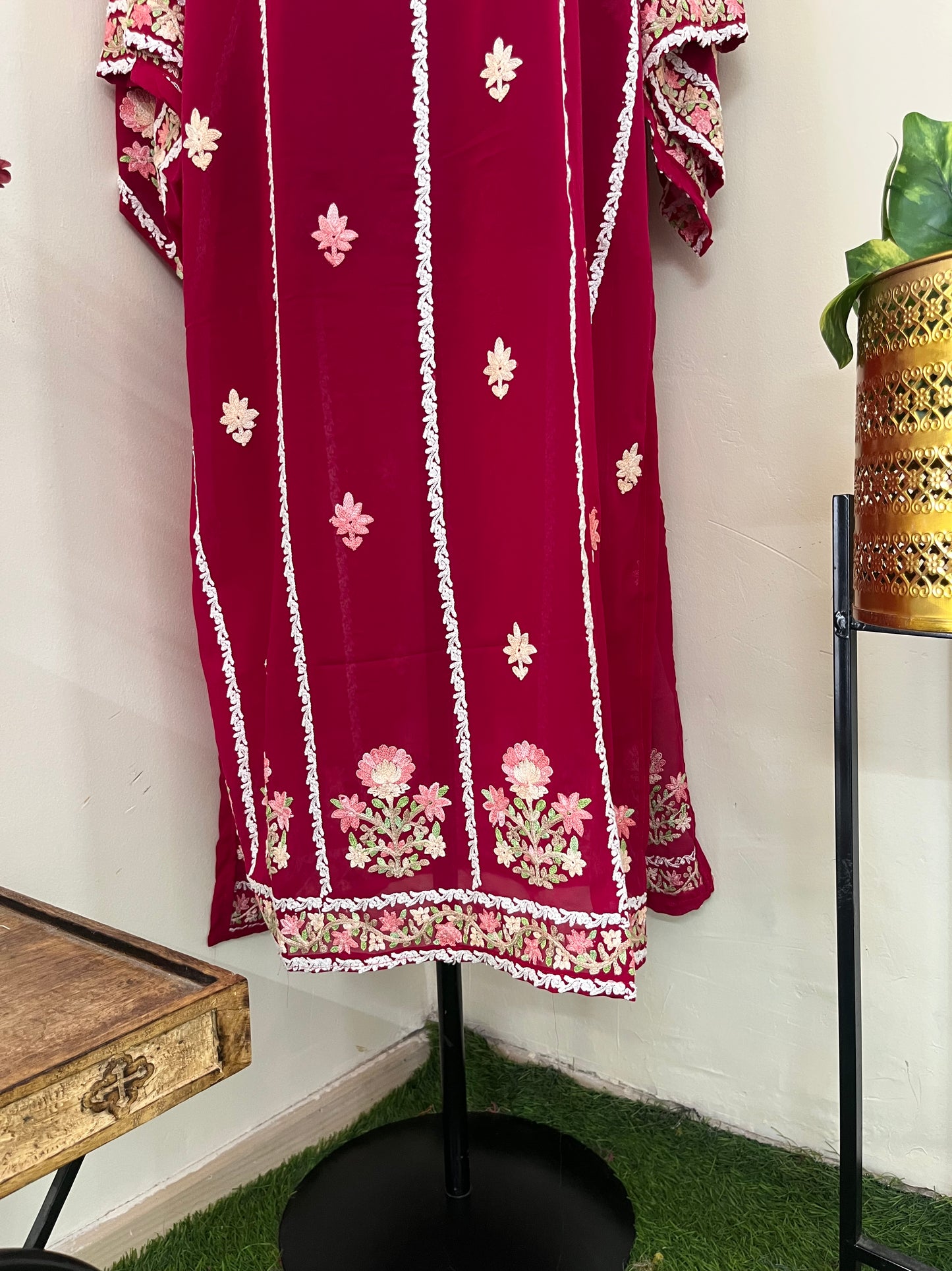 Hot Pink Georgette All over Work Aari Embroidered Unstitched Kurta