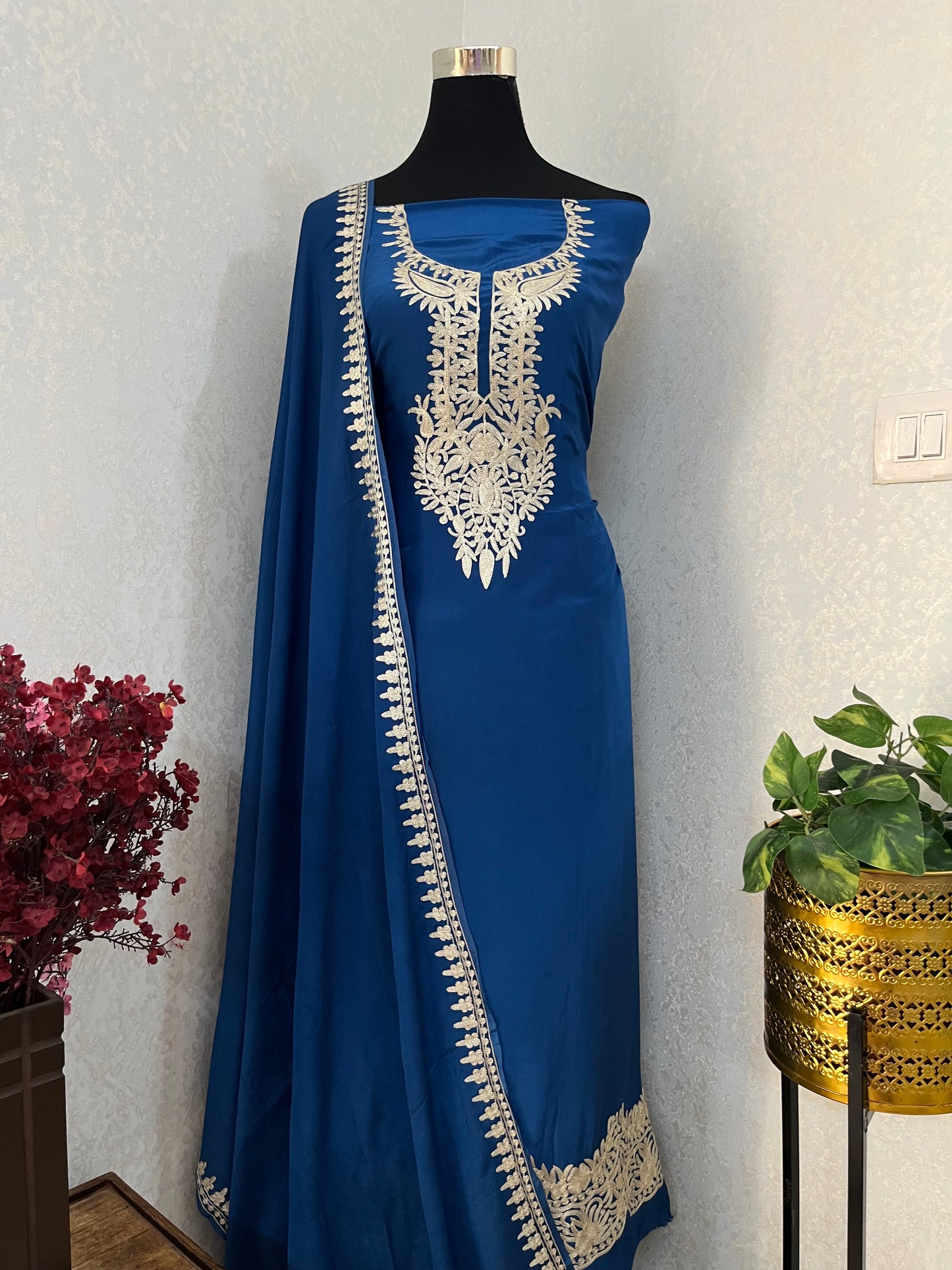 Electric Blue Crape Kashmiri Suit