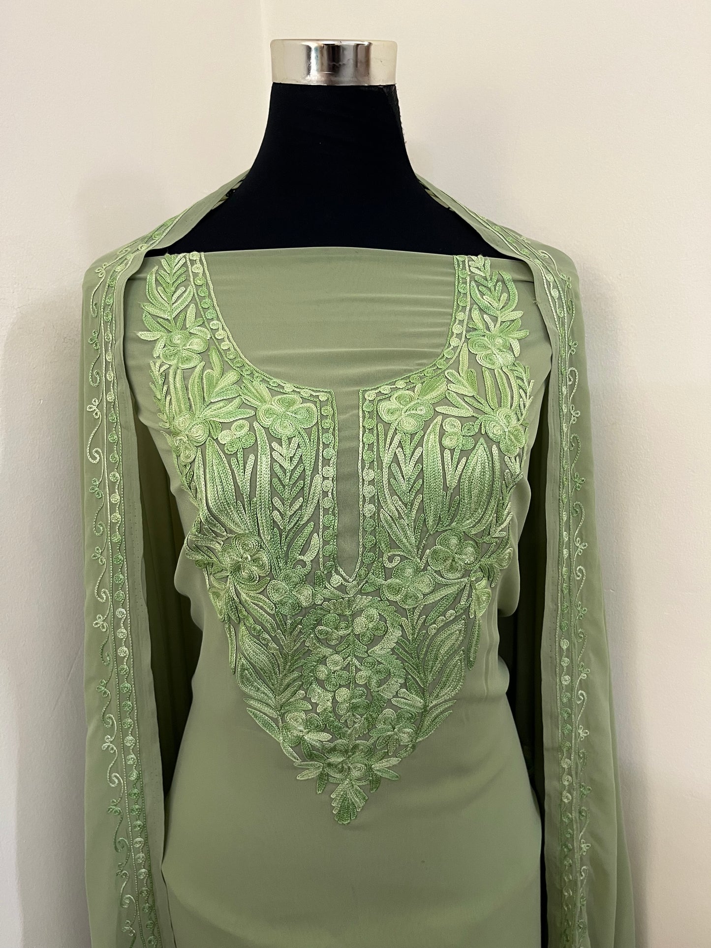 Tea green Georgette 3 Pc Aari Embroidered Suit Set