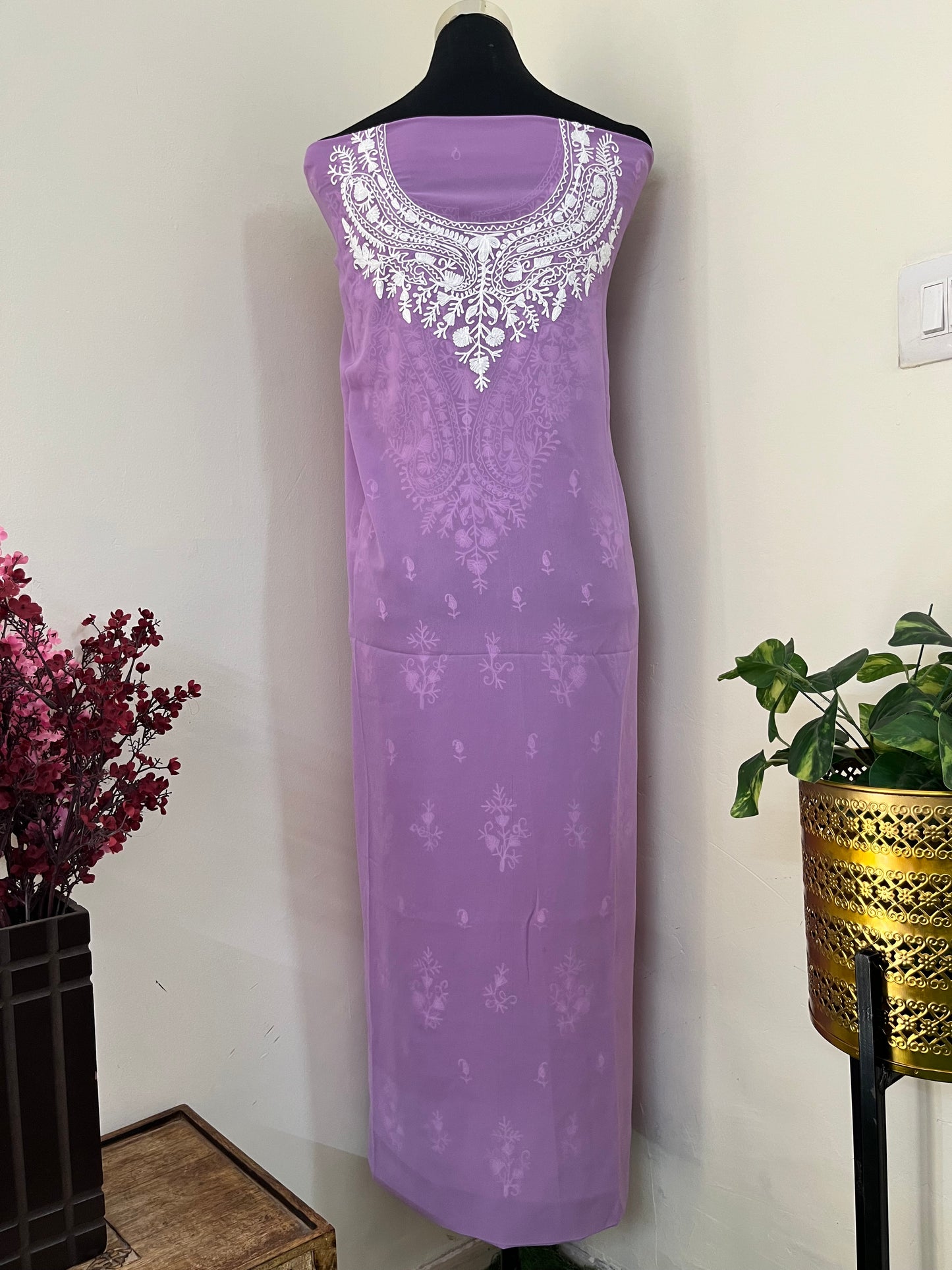 Lavender Georgette Kashmiri Unstitched Kurta Material