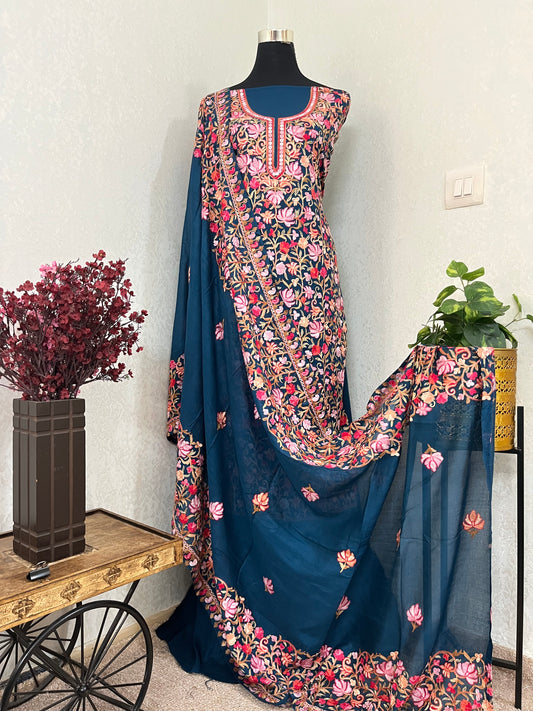 Peacock Blue Cotton Kashmiri Suit