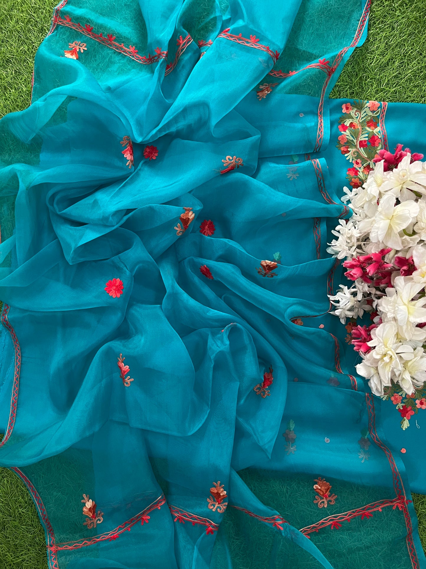 Peacock Blue Cotton Organza Dupatta Kashmiri 3pc set