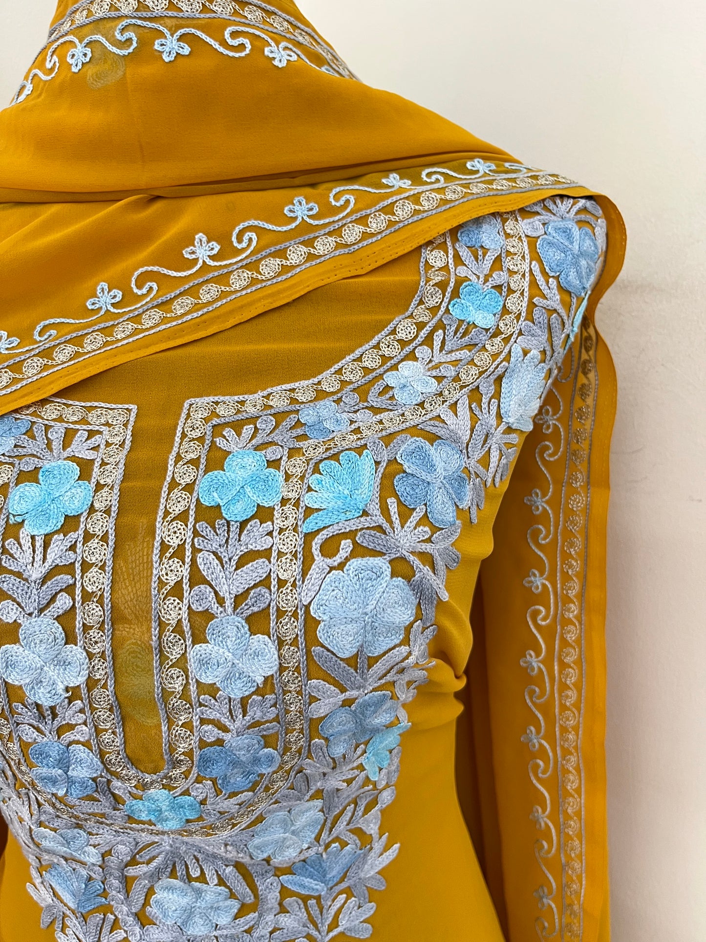 Mustard Georgette 3 Pc Aari Embroidered Suit Set