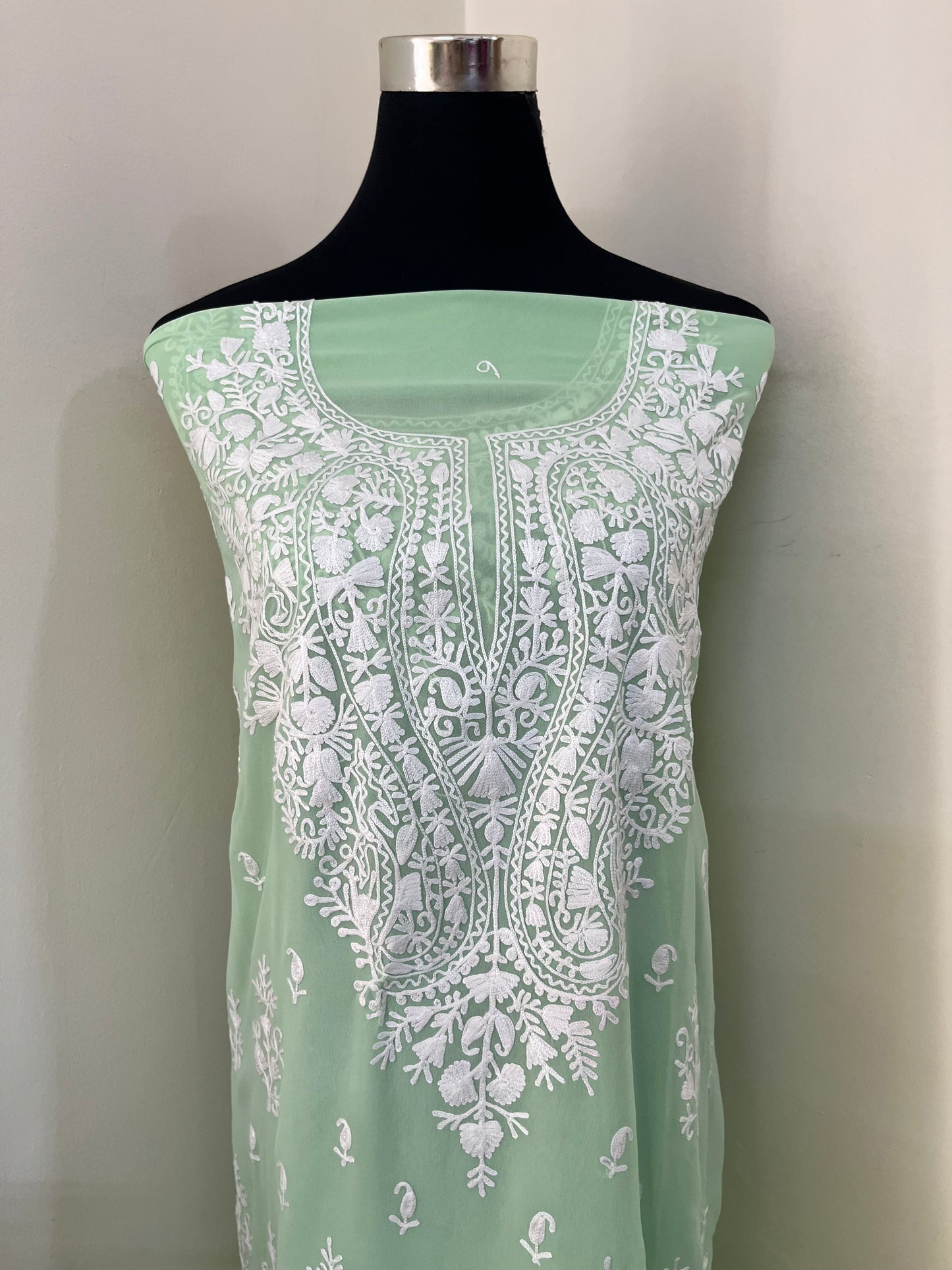 Tea Green Georgette Kashmiri Unstitched Kurta Material