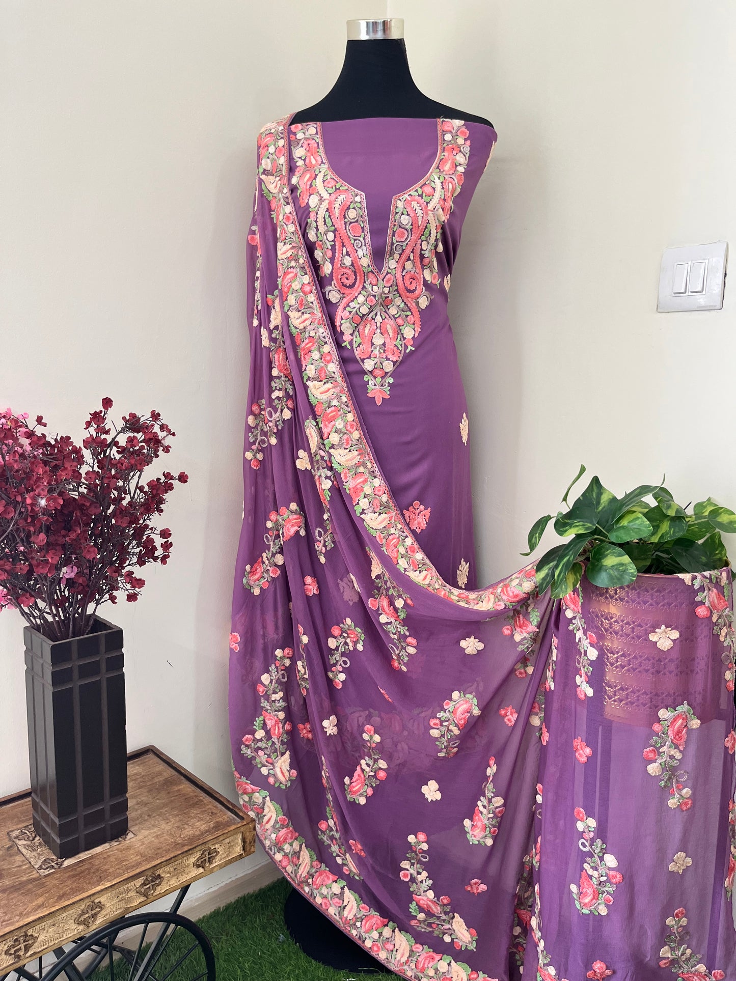 Lavender Rayon Cotton Kashmiri 3pc set
