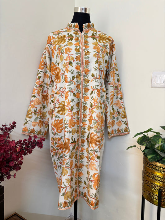 Cream Aari Embroidered Pure Wool Jacket XXL