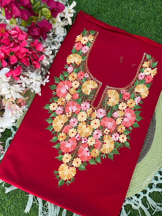 Maroon Woollen Aari Embroidered 2pc suit 5mtr