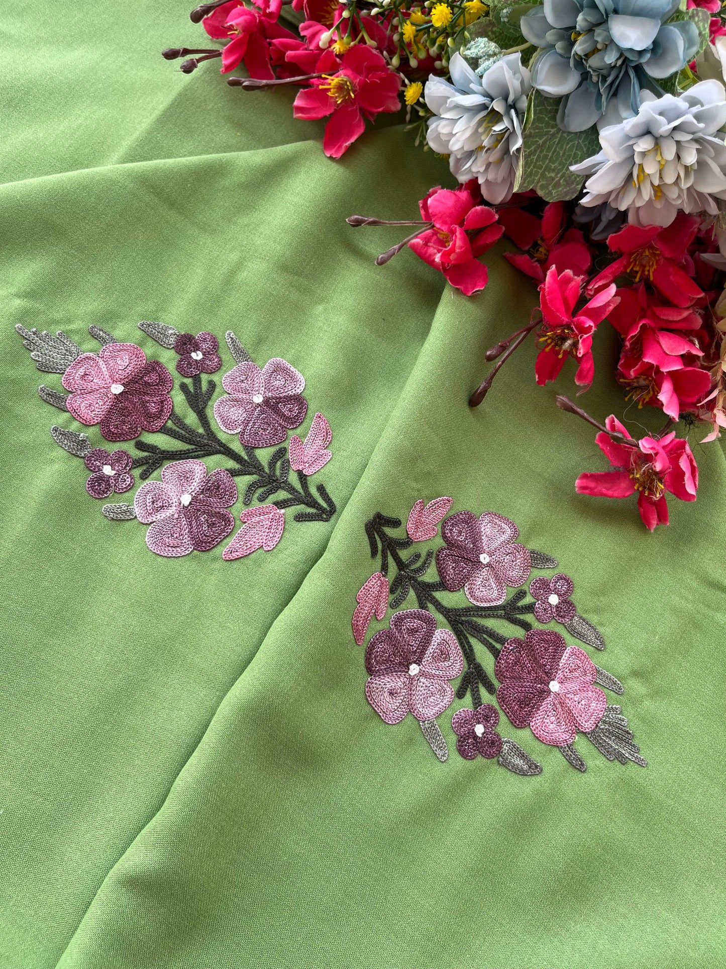 Pastel Green Aari Embroidered Cotton Suit Set
