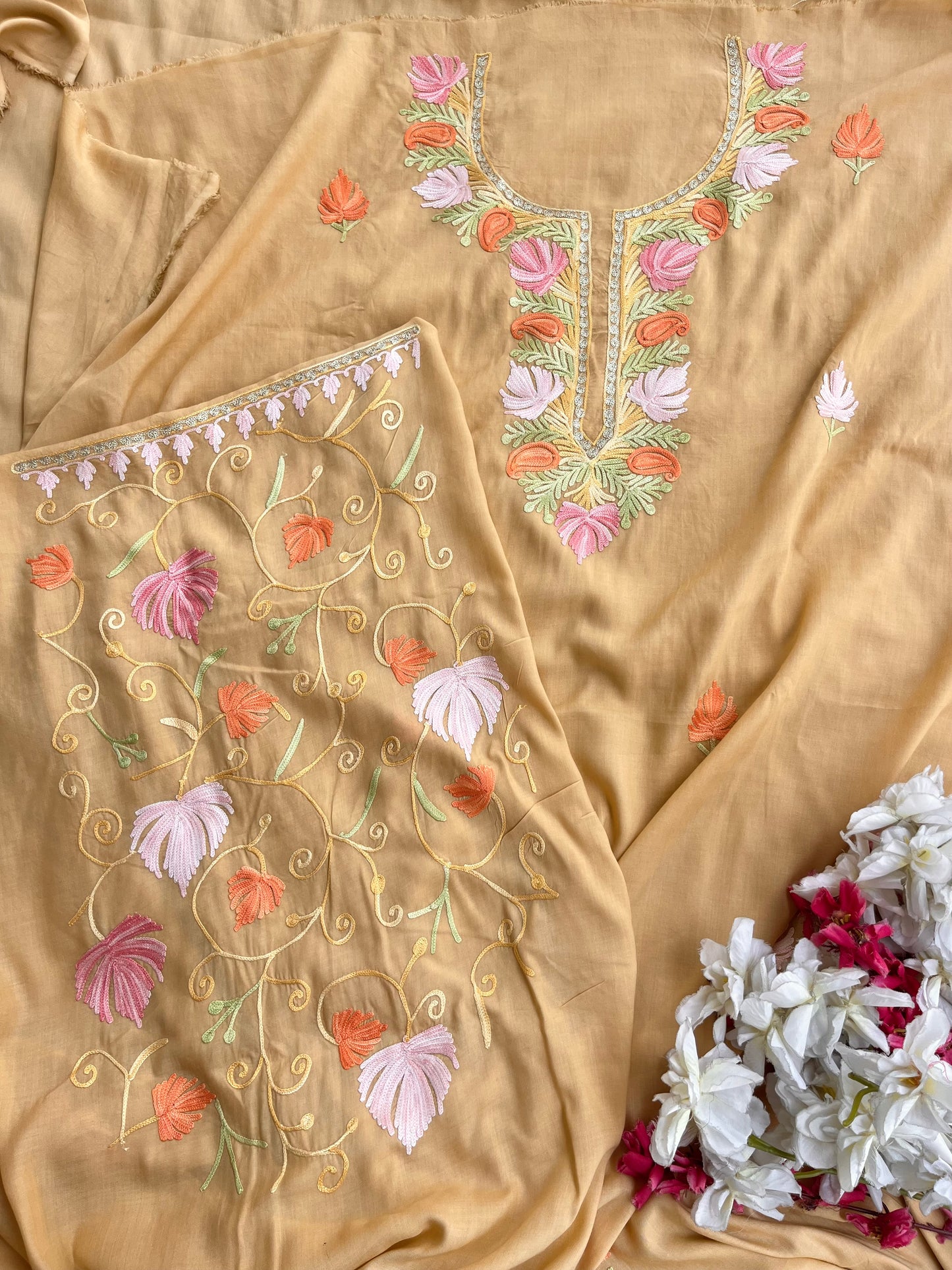 Faun Muslin Cotton Jaal Sleeves Kashmiri 3pc Suit