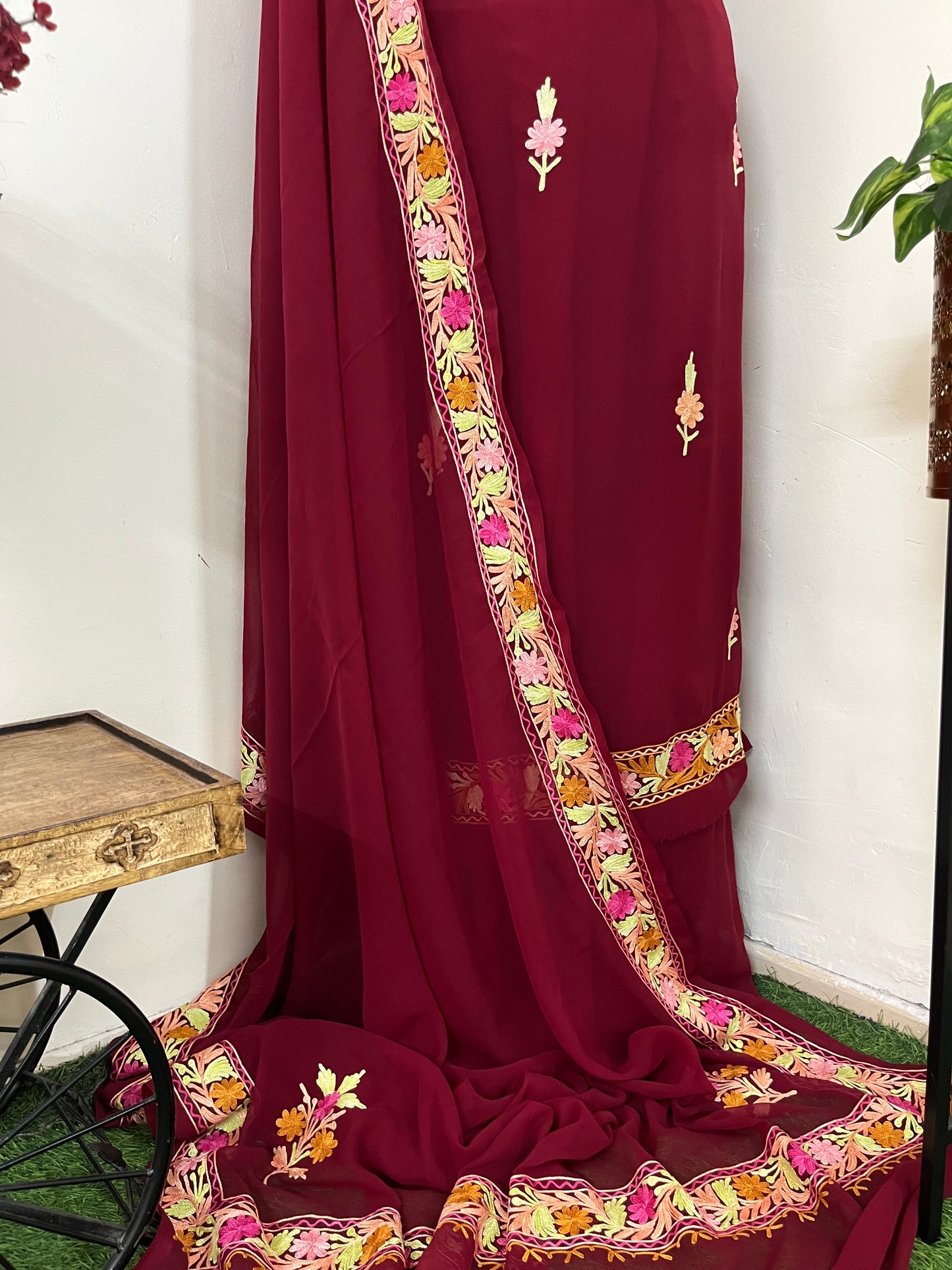Maroon Georgette 3 Pc Aari Embroidered Suit Set