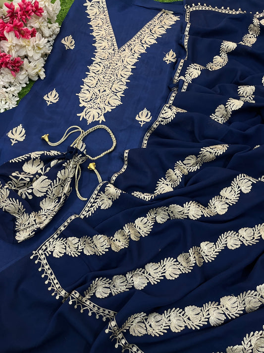 Sanam Royal Blue Silk Kashmiri Suit with Potli