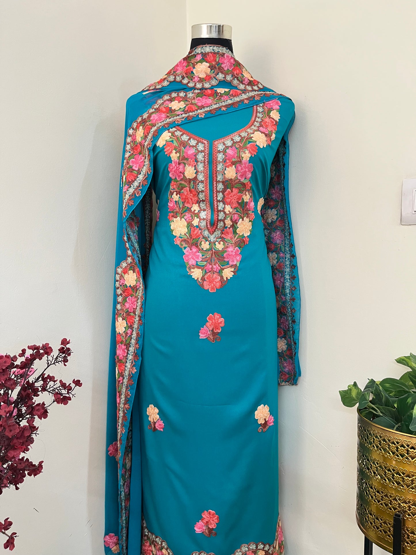 Peacock Green Rayon Cotton Kashmiri 3pc set