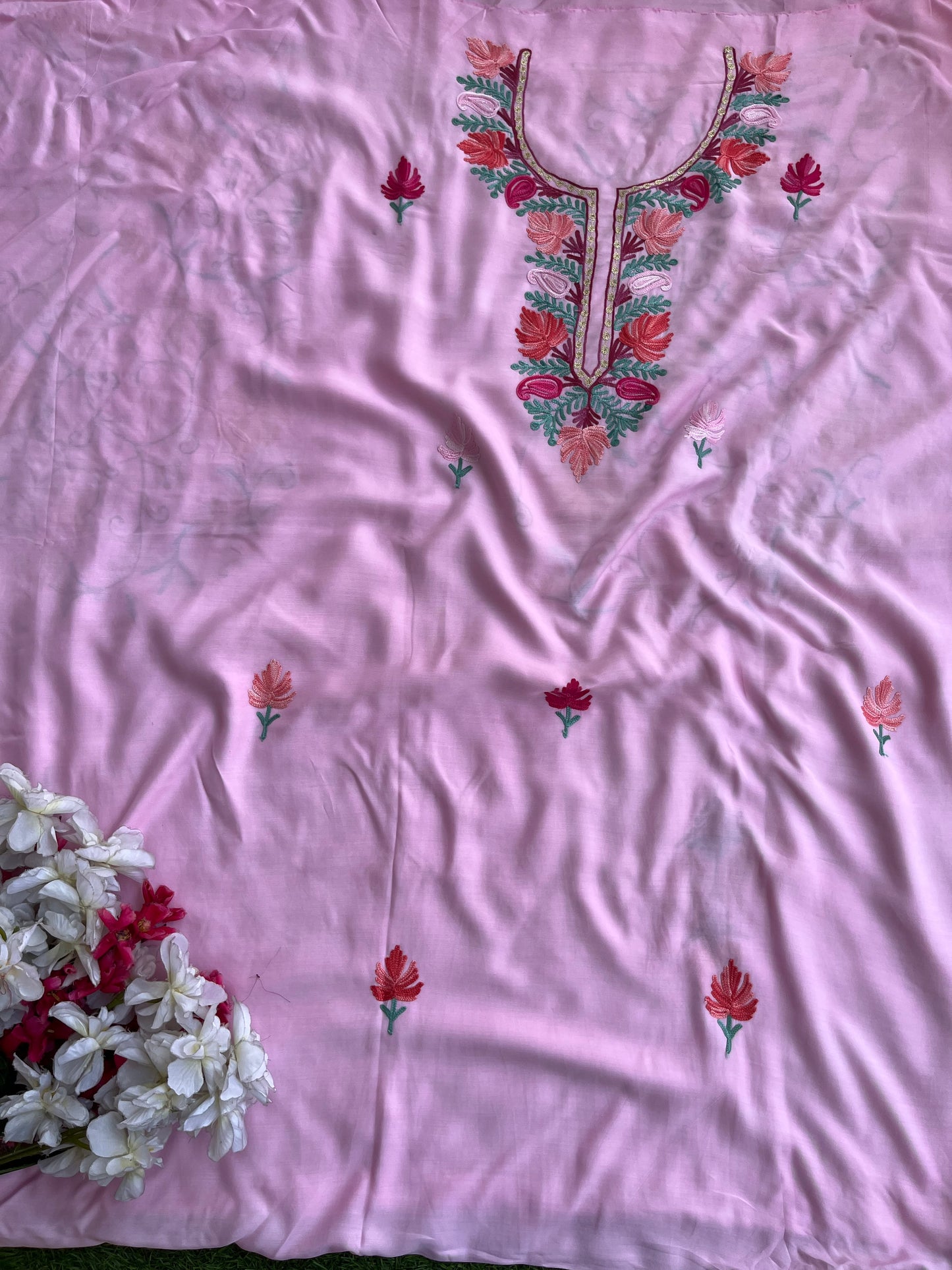 Soft Pink Muslin Cotton Jaal Sleeves Kashmiri 3pc Suit