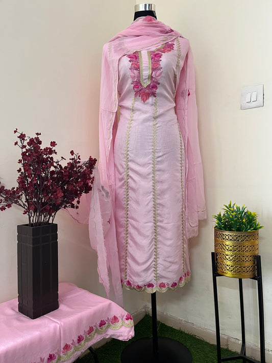 Sanamā Baby Pink Silk Aari Embroidered Suit material