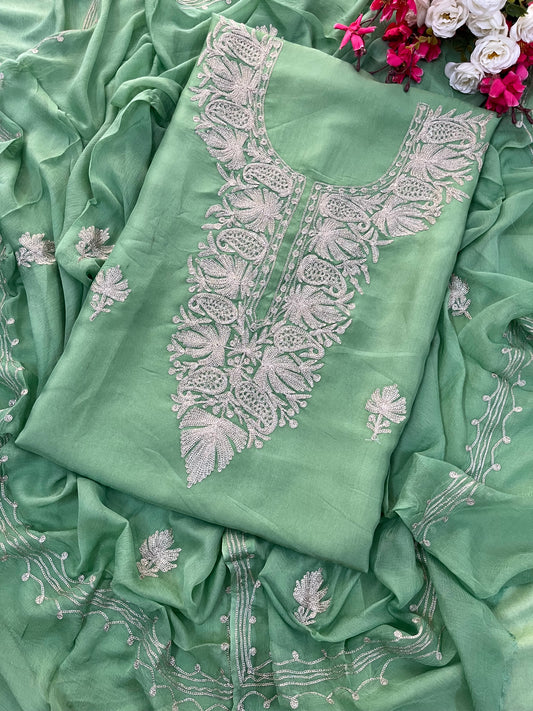 Pestel Green Silk Tilla Kashmiri Suit