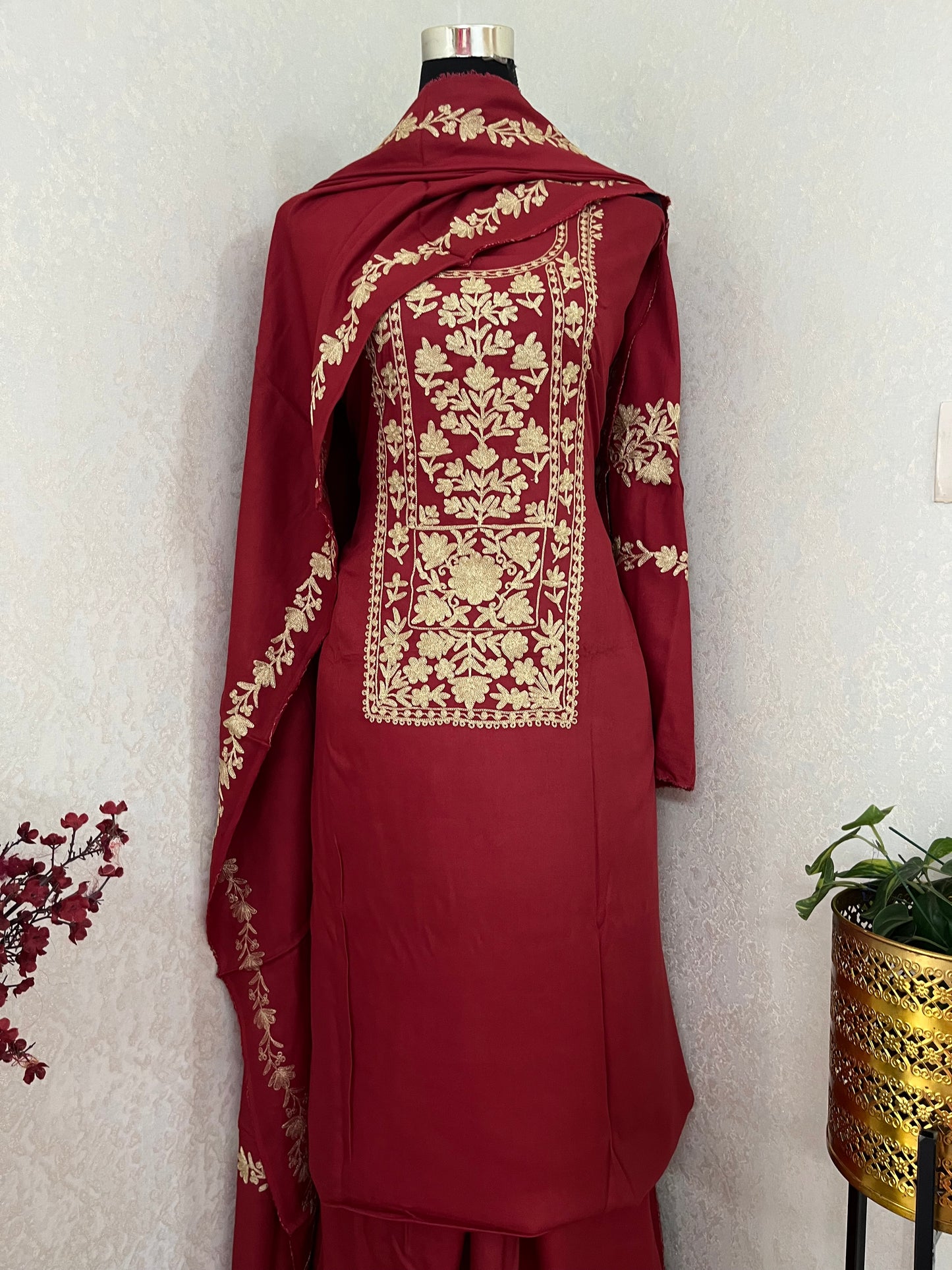 Maroon Silk Pashmina Kashmiri Suit