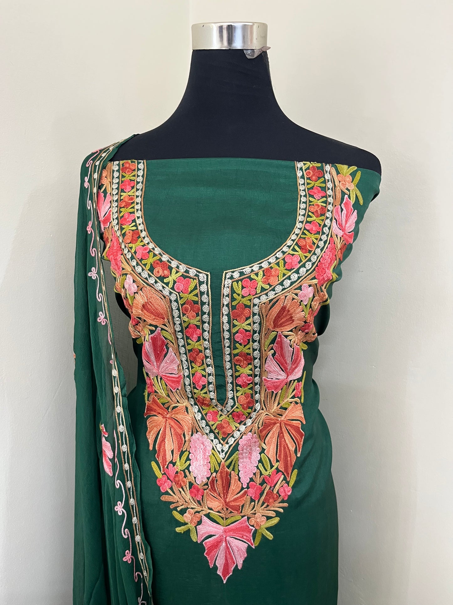 Bottle Green Opada Silk Aari Embroidered Suit material