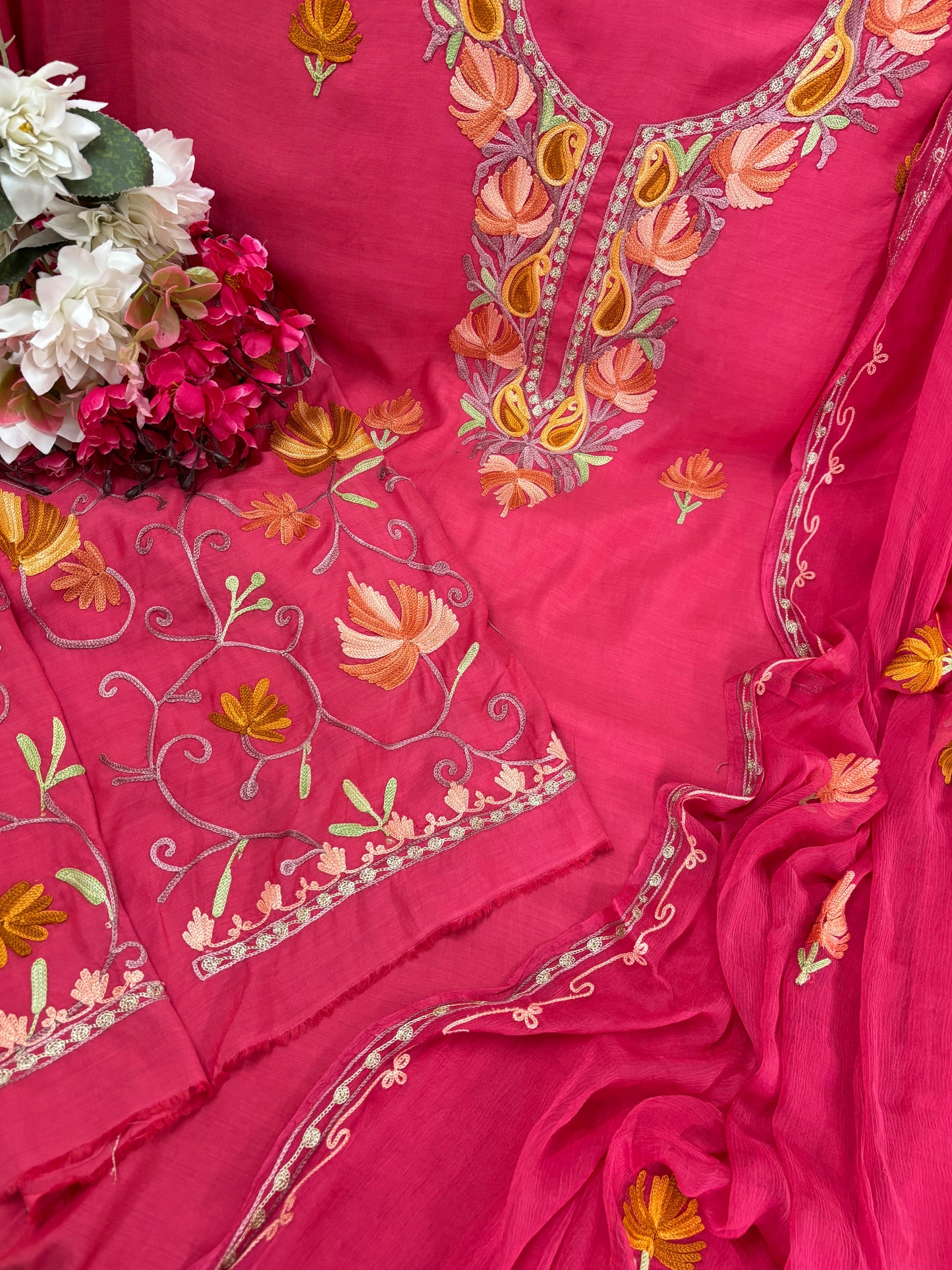 Carrot Red Muslin Cotton Jaal Sleeves Kashmiri 3pc Suit
