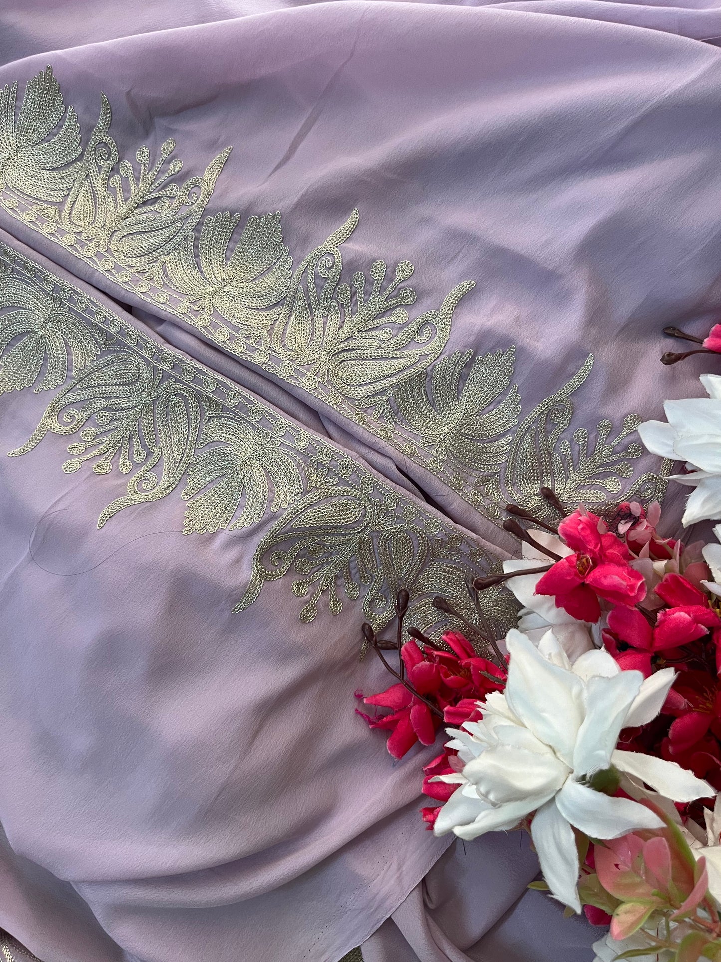Soft Purple Crape Kashmiri Tilla Saree