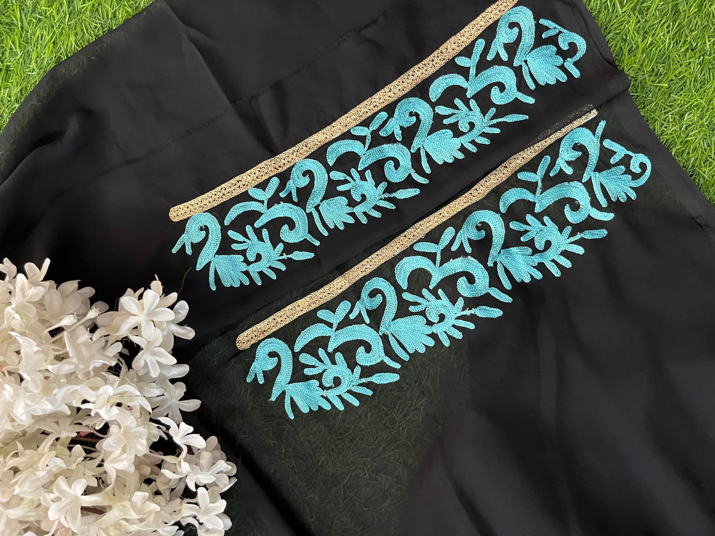 Georgette Black-Blue 3 Pc Nalki work Suit Set