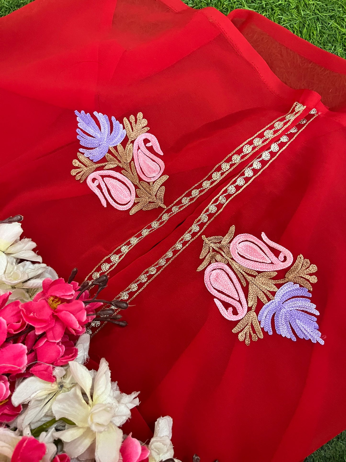 Red Georgette 3 Pc Aari Embroidered Suit Set