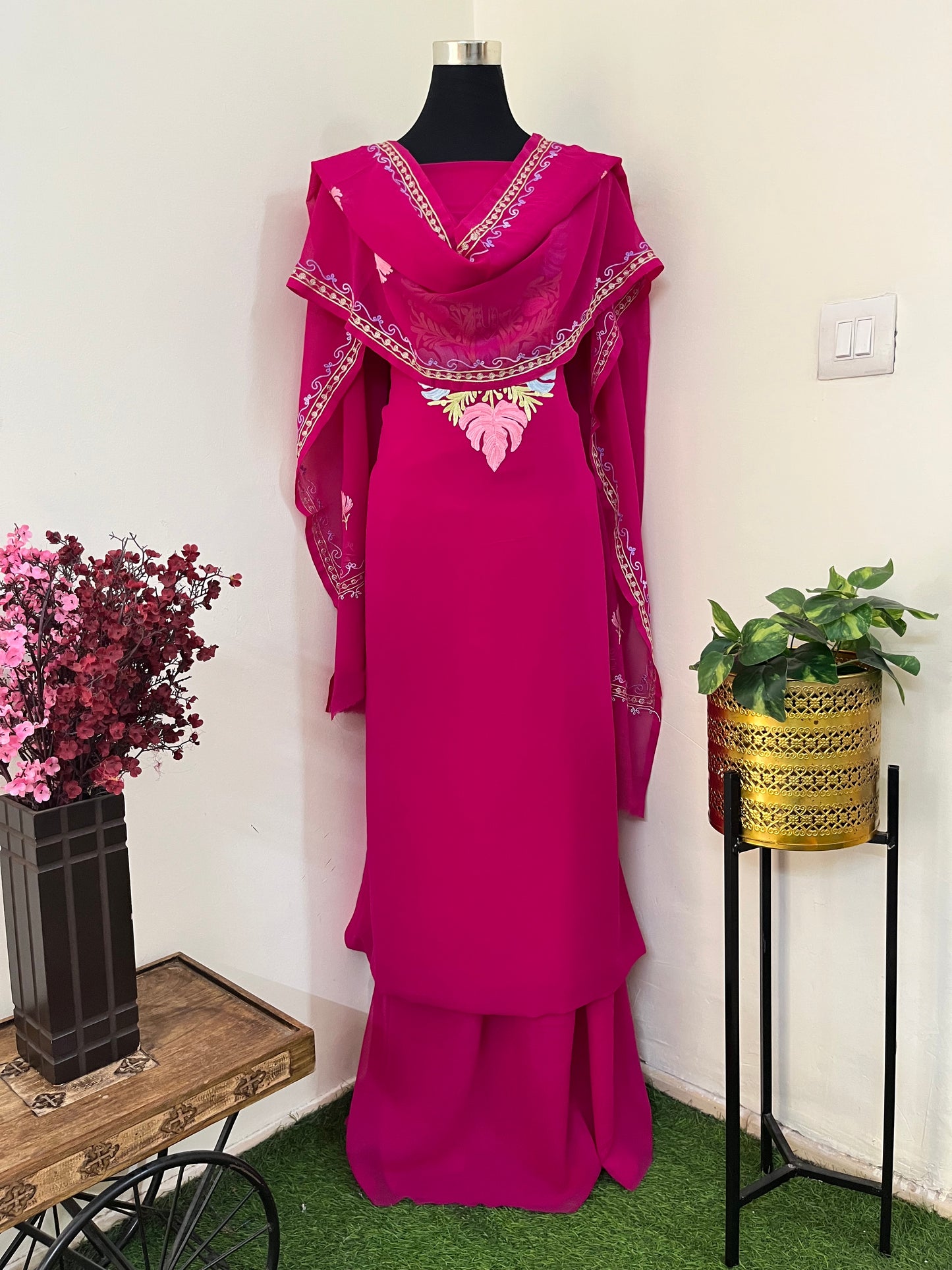 Hot Pink Georgette 3 Pc Aari Embroidered Suit Set