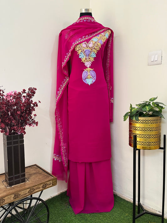 Hot Pink Georgette 3 Pc Aari Embroidered Suit Set