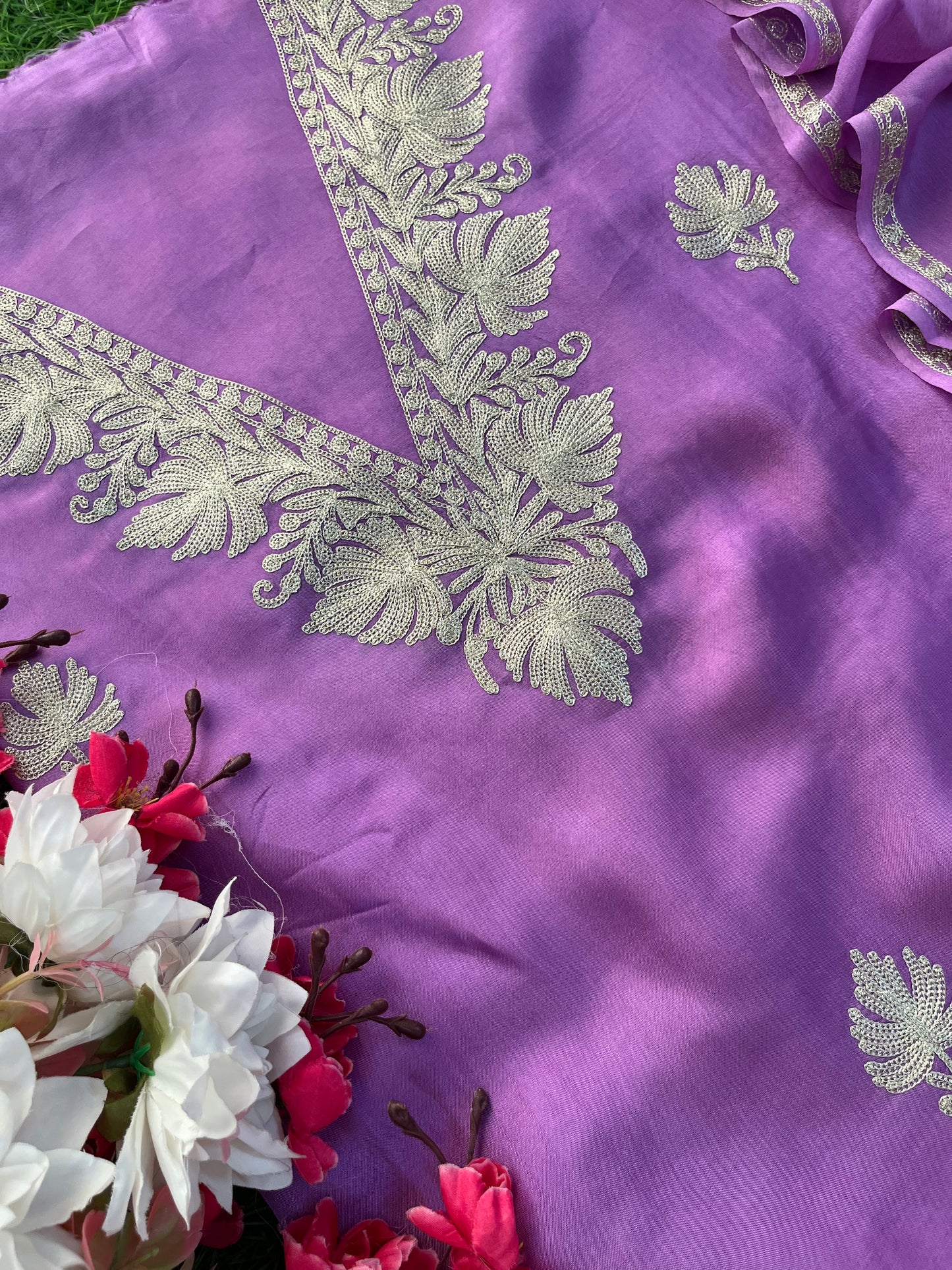 Lavender Silk Tilla Kashmiri Suit