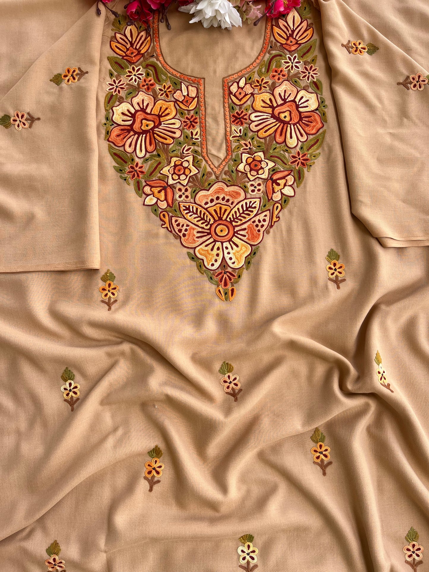 Beige Cotton Unstitched Cord Set