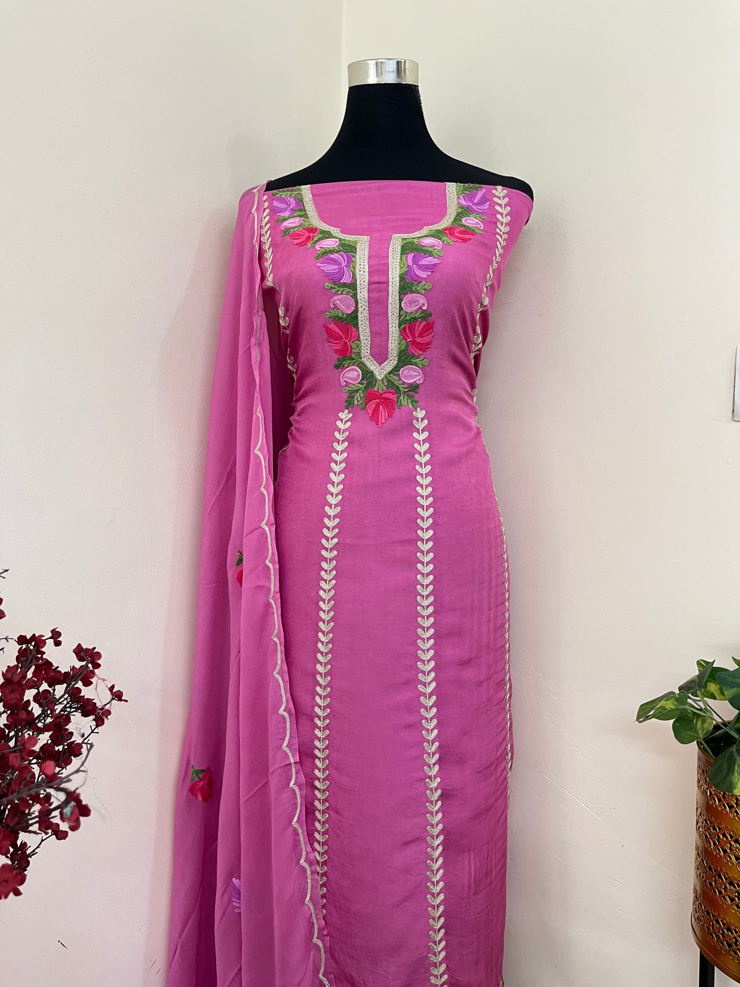 Sanam’ Mauve Silk Aari Embroidered Suit material
