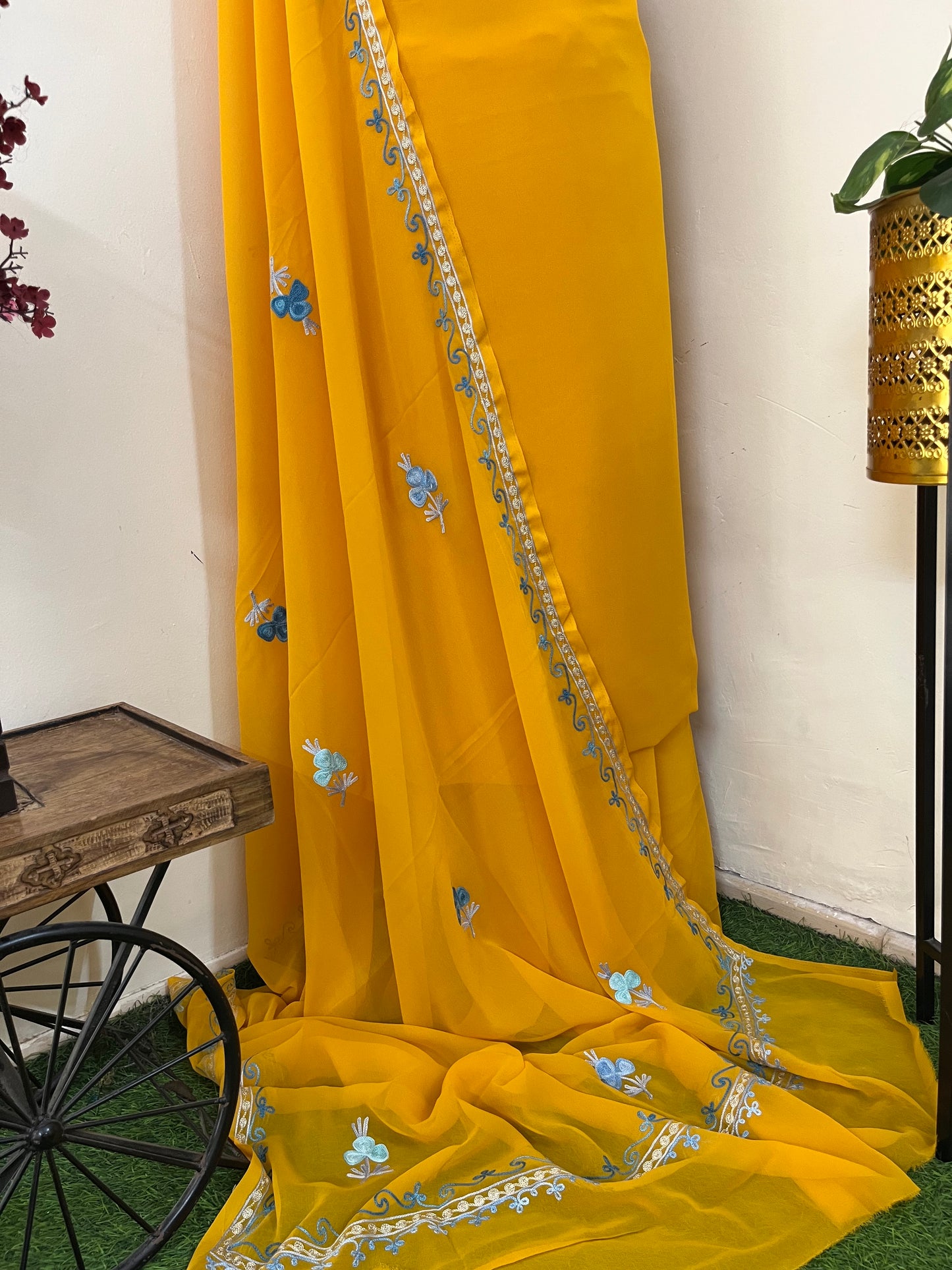 Mustard Georgette 3 Pc Aari Embroidered Suit Set