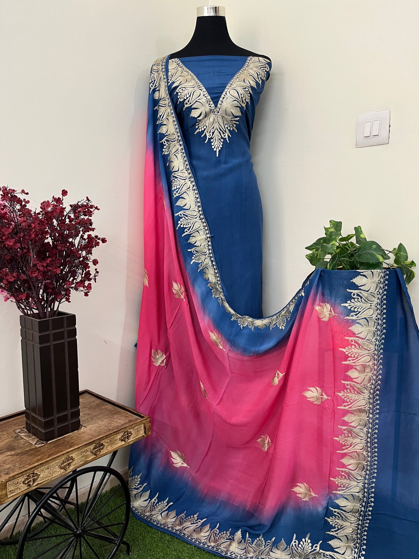 Sanam Electric Blue Silk Kashmiri Suit