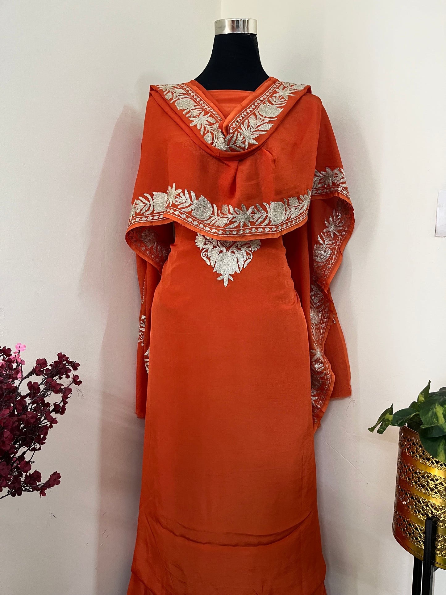 Kalaa’ Orange Crape Kashmiri Suit