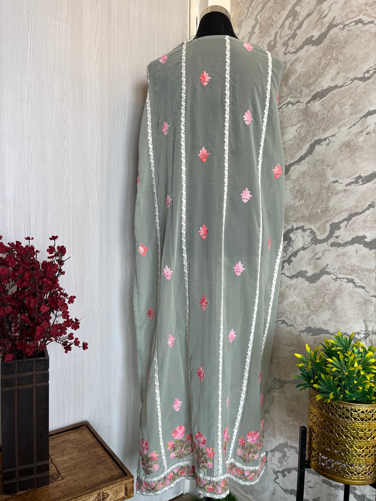 Tea Green Georgette All over Work Aari Embroidered Unstitched Kurta Material