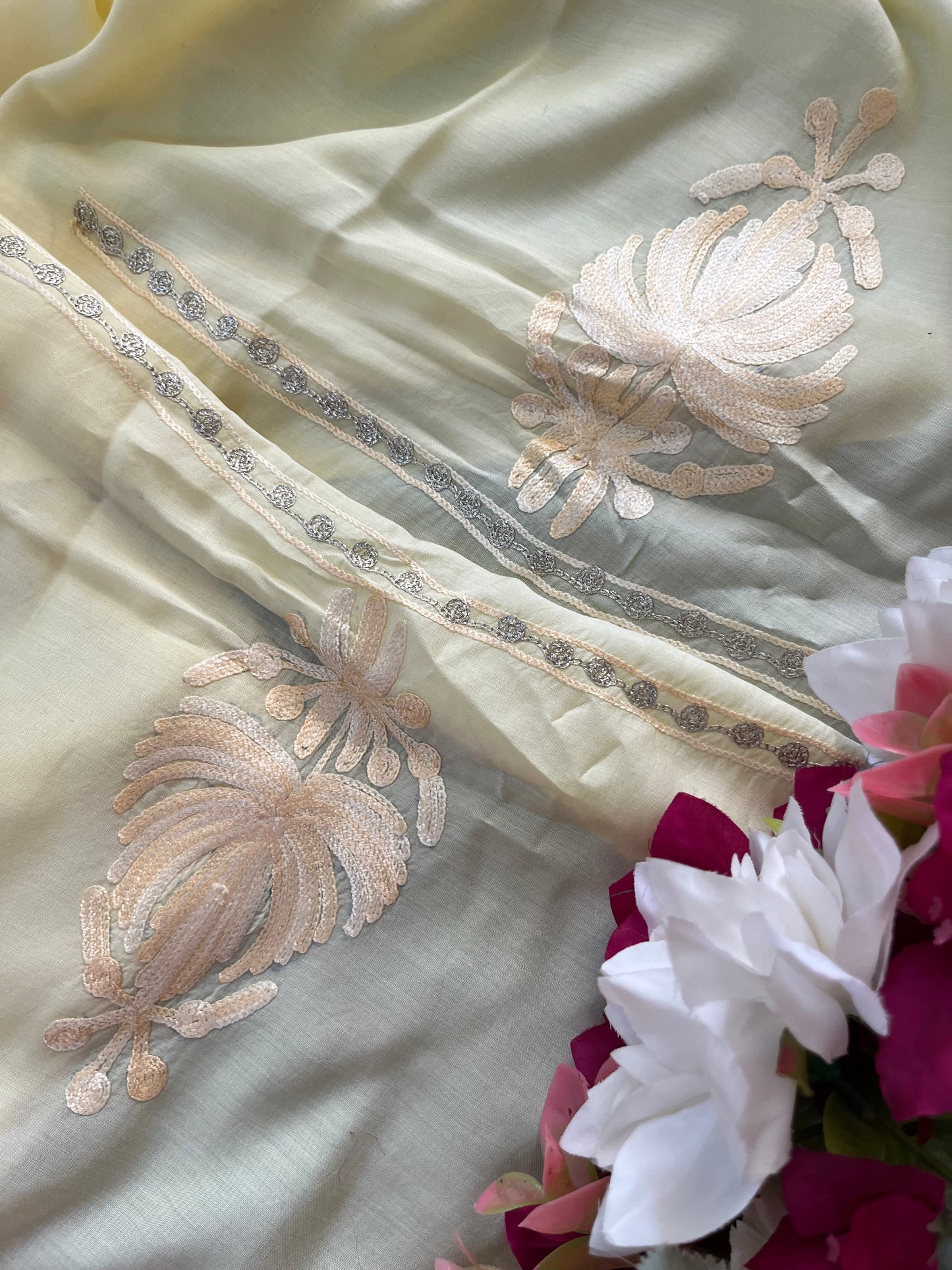Lemon Yellow Mul Cotton Shibori Work Kashmiri 3pc Suit