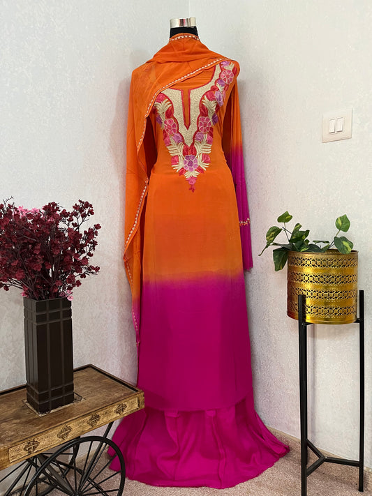Orange Pure Georgette Double Shade Kashmiri Suit